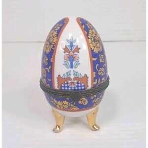 VTG Porcelain Blue Orange Gold Floral Hinged Footed Victorian Trinket Box 4" Egg